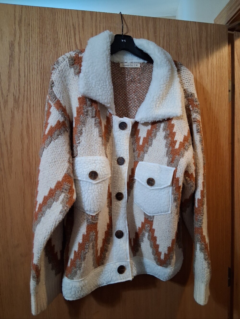 Montana Native Knit Sherpa Sweater Jacket By Lavender Tribe Design, Medium